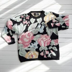 Chaus black pink floral vintage cotton hand knit sweater‎ size L